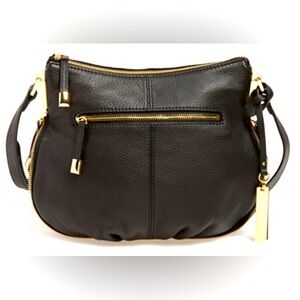 Vince Camuto Leather Crossbody Shoulder Bag Black Expandable Gold Zipper Detail